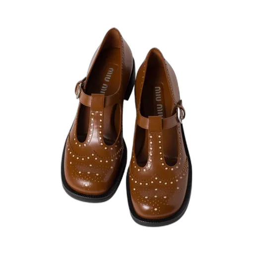 Round-Toe T-Strap Brogue Shoes