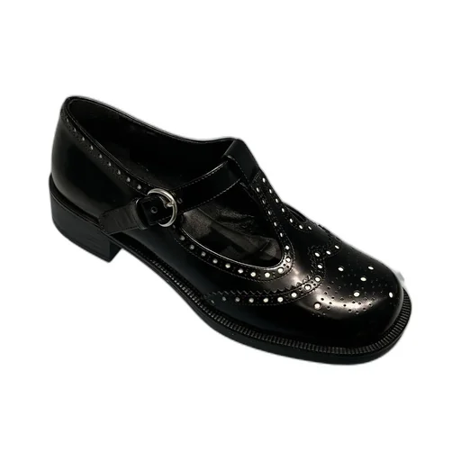 Round-Toe T-Strap Brogue Shoes
