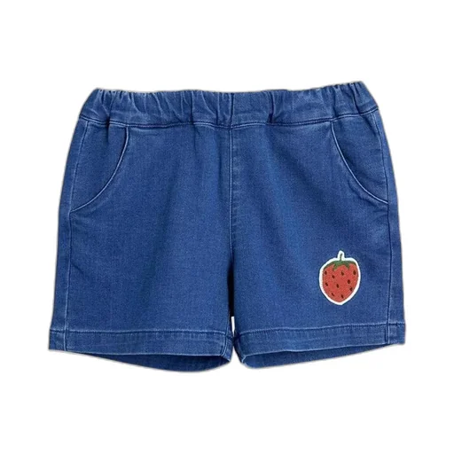 Organic Cotton Denim Shorts With Strawberry Patch