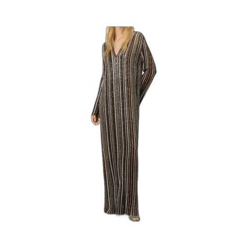V-Neck Herringbone Stripe Knit Long Dress