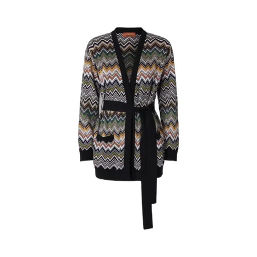 Chevron-Pattern Belted Cardigan