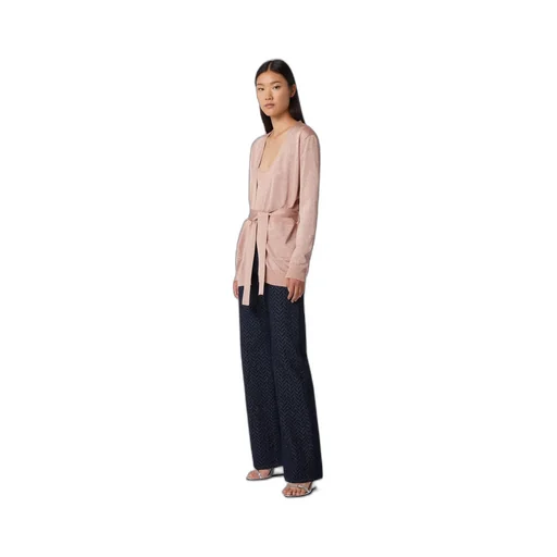 Metallic-Threading V-Neck Belted Cardigan