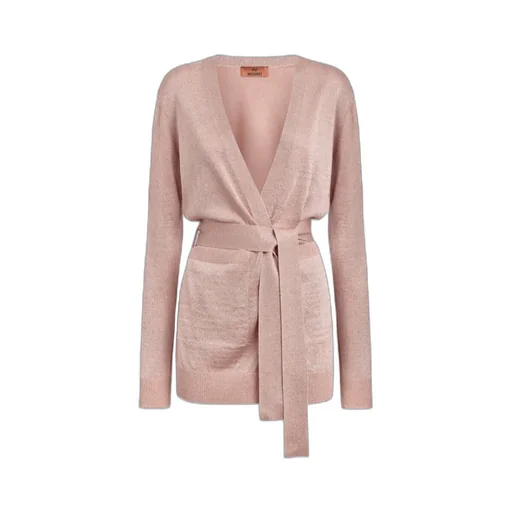 Metallic-Threading V-Neck Belted Cardigan