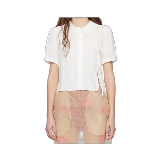 Cropped Bow Slit Puff Sleeve Shirt
