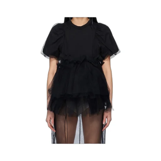 Tulle Overlay Puff Sleeve T-Shirt