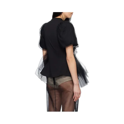 Tulle Overlay Puff Sleeve T-Shirt