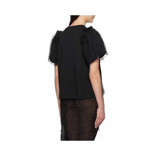 Tulle Overlay Puff Sleeve Frill T-Shirt