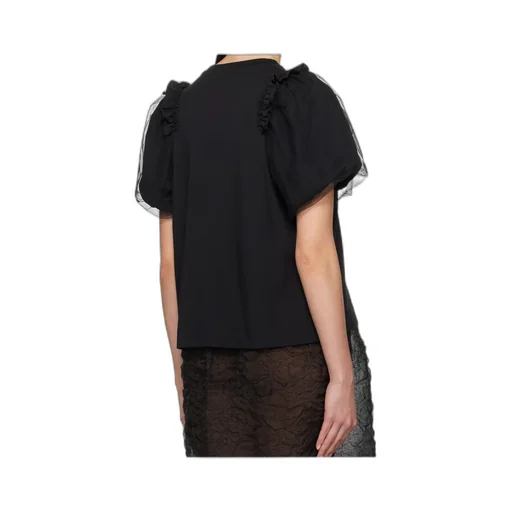 Tulle Overlay Puff Sleeve Frill T-Shirt