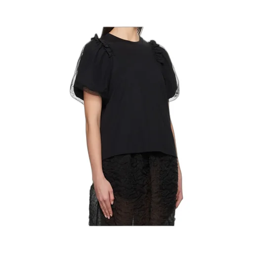Tulle Overlay Puff Sleeve Frill T-Shirt