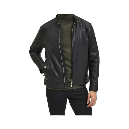 Zippered Long-Sleeved Leather Jacket