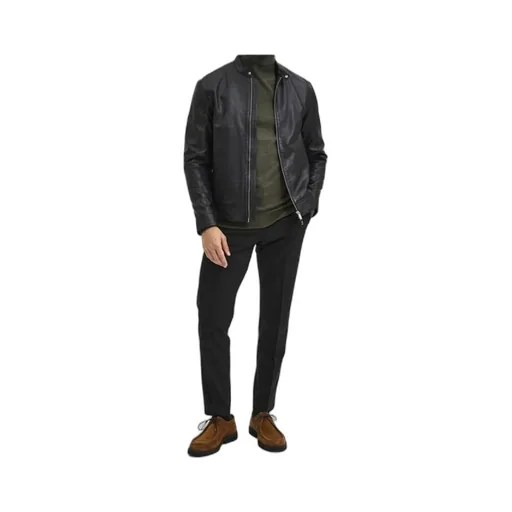 Zippered Long-Sleeved Leather Jacket