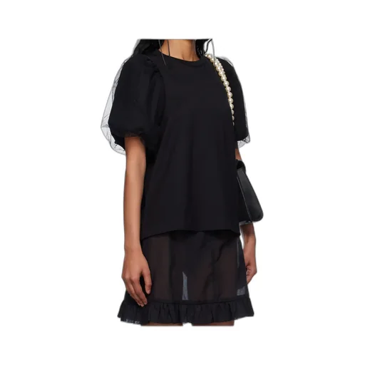 Tulle-Overlay Puff Sleeve T-Shirt