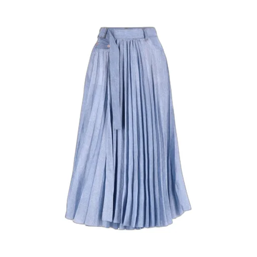 Pleated Belted Denim Midi Skirt
