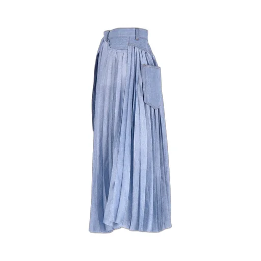 Pleated Belted Denim Midi Skirt