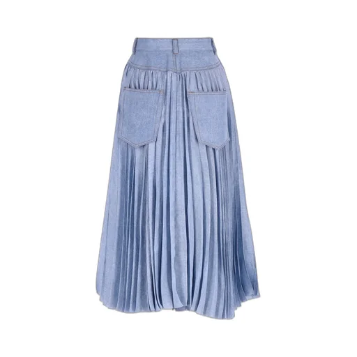 Pleated Belted Denim Midi Skirt