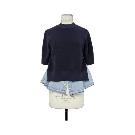 Denim-Panelled Knitted Sweater