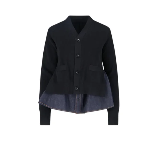 Denim-Panel Ribbed Cardigan