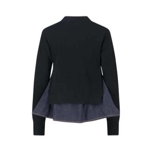Denim-Panel Ribbed Cardigan