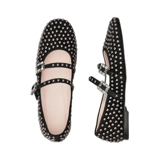 Stud Embellished Buckle Strap Flat Shoes