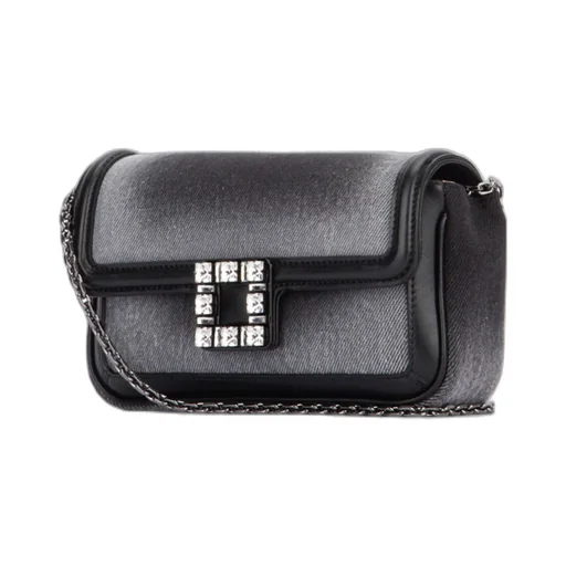 Embellished Foldover Top Denim Shoulder Bag