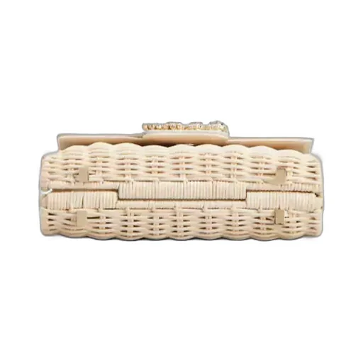 Wicker Jewel Mini Flower Strass Buckle Clutch Bag In Leather And Rattan