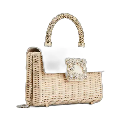 Wicker Jewel Mini Flower Strass Buckle Clutch Bag In Leather And Rattan