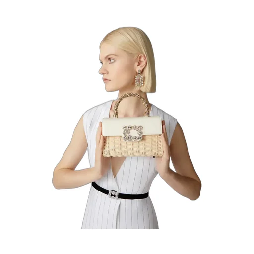 Wicker Jewel Mini Flower Strass Buckle Clutch Bag In Leather And Rattan