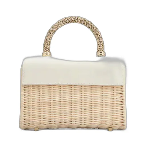 Wicker Jewel Mini Flower Strass Buckle Clutch Bag In Leather And Rattan