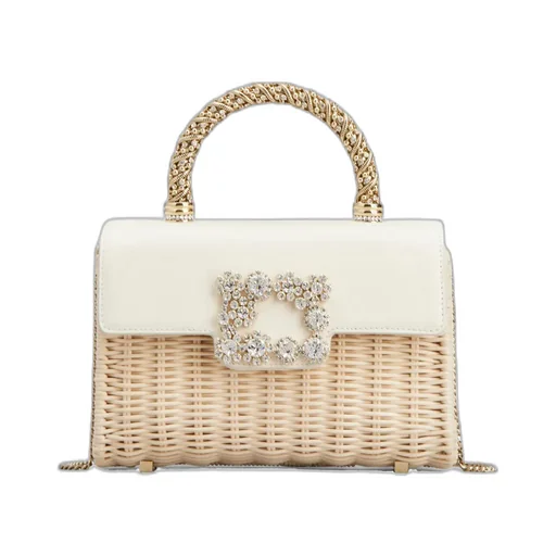 Wicker Jewel Mini Flower Strass Buckle Clutch Bag In Leather And Rattan