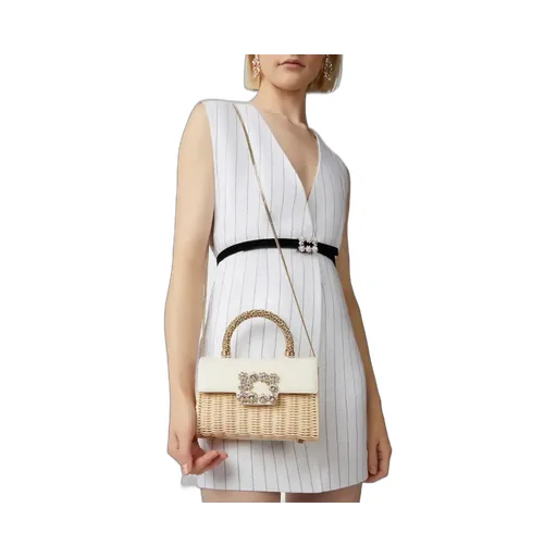 Wicker Jewel Mini Flower Strass Buckle Clutch Bag In Leather And Rattan
