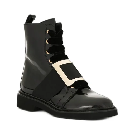 Metal Buckle Velvet Shoelace Ankle Boots
