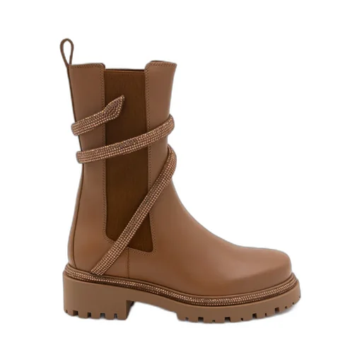 Snake-Embellished Round-Toe Ankle Boots