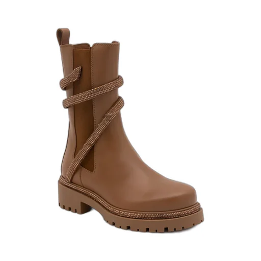 Snake-Embellished Round-Toe Ankle Boots