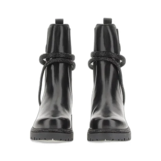 Snake-Embellished Round-Toe Ankle Boots