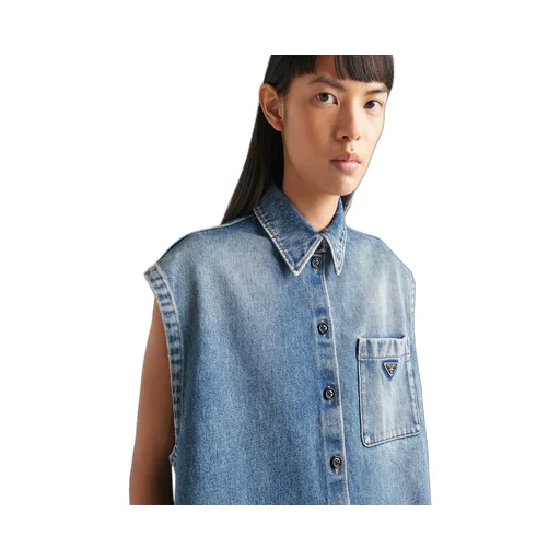 Logo Plaque Sleeveless Denim Shirt