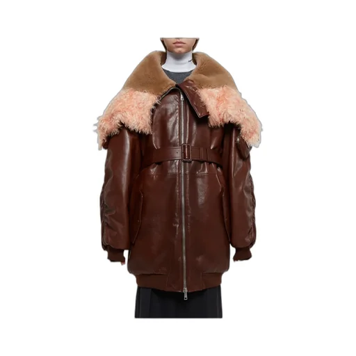 Leather Bomber Jacket With Shearling Collar