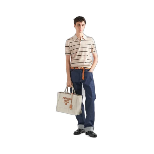 Short-Sleeved Striped Open-Knit Polo Shirt