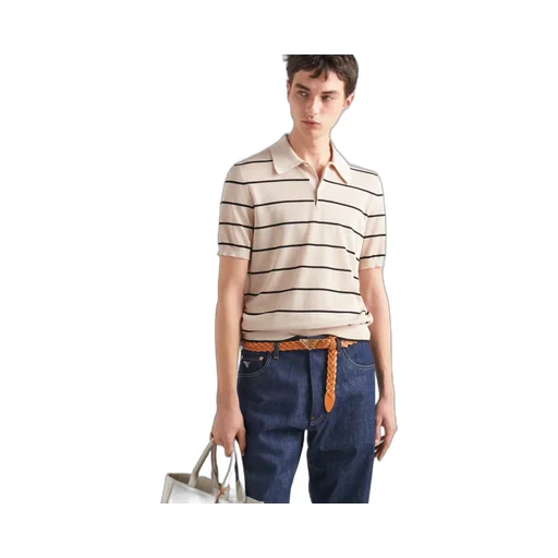 Short-Sleeved Striped Open-Knit Polo Shirt