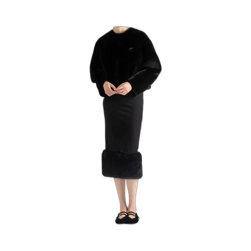 Stretch Jersey Skirt With Fur Trim
