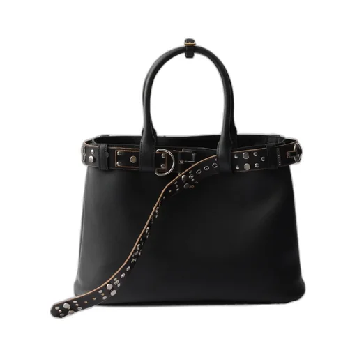 Large Buckle Leather Bag With Studded Belt