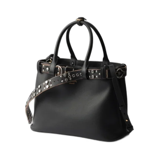 Large Buckle Leather Bag With Studded Belt