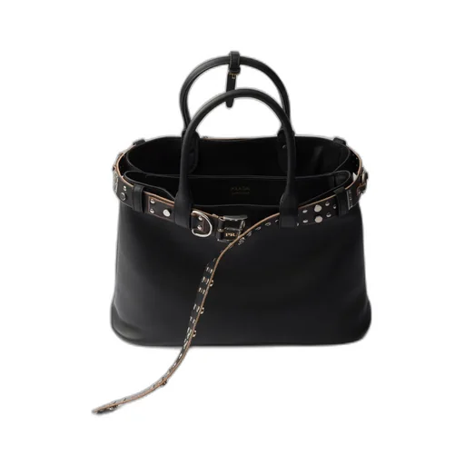 Large Buckle Leather Bag With Studded Belt