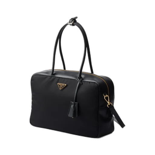 Large Re-Nylon And Leather Top-Handle Bag