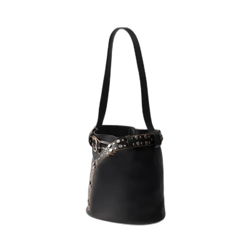 Buckle Leather Bucket Bag With Studded Belt