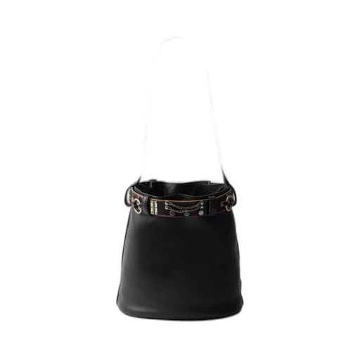 Buckle Leather Bucket Bag With Studded Belt