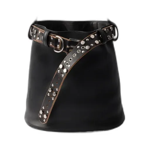 Buckle Leather Bucket Bag With Studded Belt