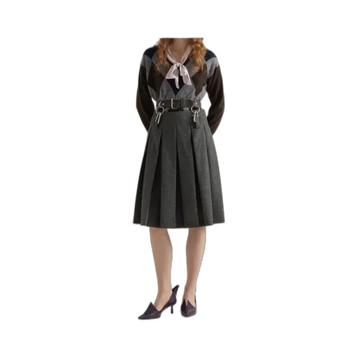 Pleated Rush Stitch Skirt With Belt