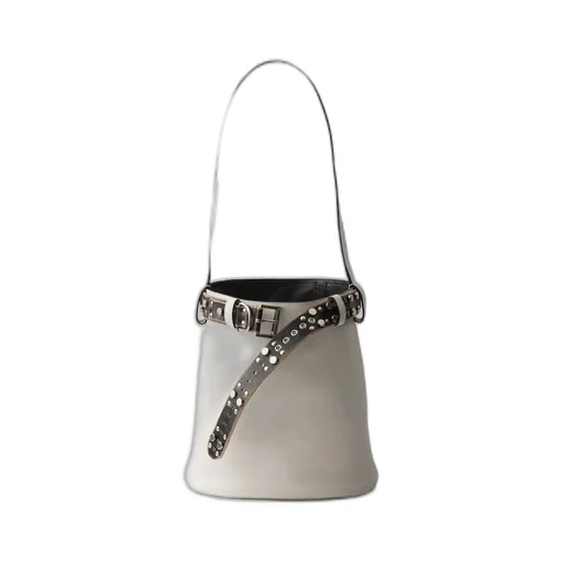 Buckle Leather Bucket Bag With Studded Belt