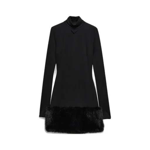 Long-Sleeved Stretched Jersey Dress With Fur Trim