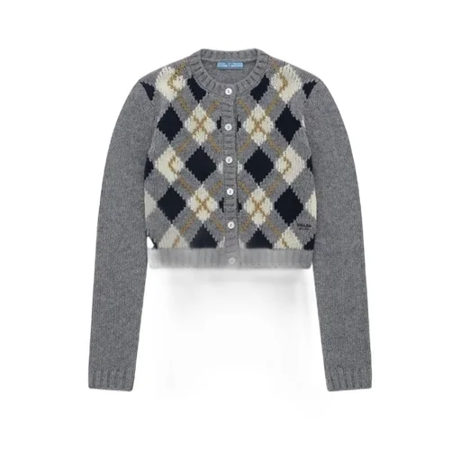 Check-Patterned Crewneck Cardigan